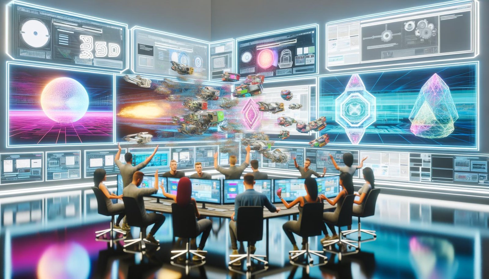 Futuristischer Arbeitsplatz mit mehreren Bildschirmen, Team diskutiert vor Hologrammen und modernen AR/VR-Interfaces in innovativer Online-Marketing-Umgebung.