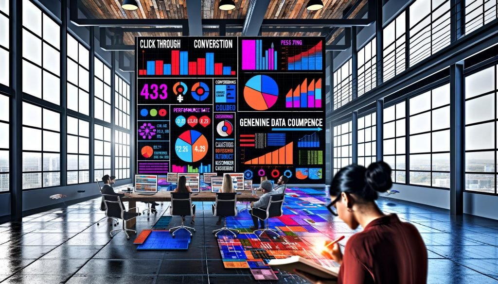 Team für digitales Marketing analysiert Performance-Metriken auf großen, farbenfrohen Dashboards in offenem Loft-Büro, vorn ein Marketer mit Notebook