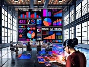 Team für digitales Marketing analysiert Performance-Metriken auf großen, farbenfrohen Dashboards in offenem Loft-Büro, vorn ein Marketer mit Notebook