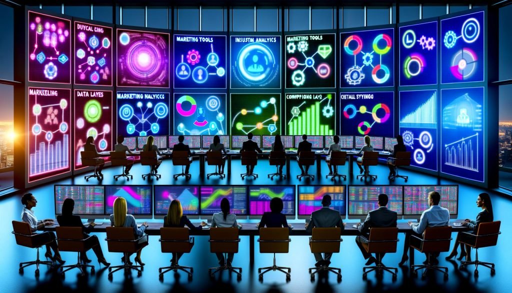 Marketing- und Analyse-Team arbeitet fokussiert in einem modernen Kontrollraum mit Monitoren, die Marketingdashboards, Funnel-Diagramme und Analysetools anzeigen.