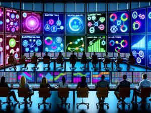 Marketing- und Analyse-Team arbeitet fokussiert in einem modernen Kontrollraum mit Monitoren, die Marketingdashboards, Funnel-Diagramme und Analysetools anzeigen.