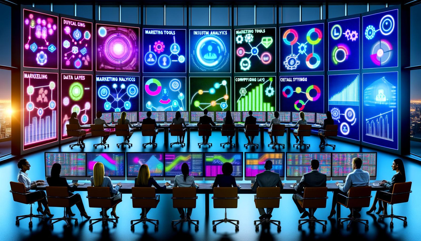 Marketing- und Analyse-Team arbeitet fokussiert in einem modernen Kontrollraum mit Monitoren, die Marketingdashboards, Funnel-Diagramme und Analysetools anzeigen.