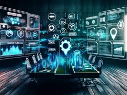 Dynamische Illustration eines futuristischen Blogging-Arbeitsplatzes mit mehreren Bildschirmen, Datenströmen, technischen Icons und optimierter Blog-Ansicht in urbaner, technologischer Umgebung.