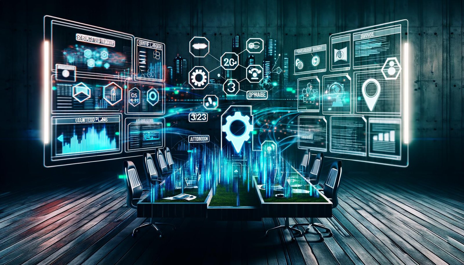 Dynamische Illustration eines futuristischen Blogging-Arbeitsplatzes mit mehreren Bildschirmen, Datenströmen, technischen Icons und optimierter Blog-Ansicht in urbaner, technologischer Umgebung.