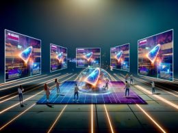 Benutzer interagieren mit holografischen 3D-Werbeanzeigen, die über futuristischen Webinterfaces schweben