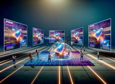 Benutzer interagieren mit holografischen 3D-Werbeanzeigen, die über futuristischen Webinterfaces schweben