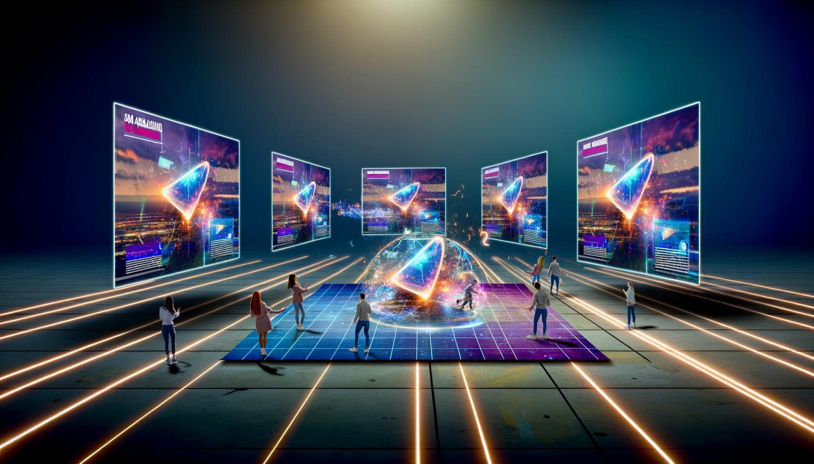 Benutzer interagieren mit holografischen 3D-Werbeanzeigen, die über futuristischen Webinterfaces schweben