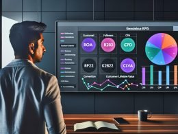 Marketer analysiert modernes Dashboard mit verschiedenenfarbigen Diagrammen und Business-KPIs wie ROAS, CPA, CLV und Conversion Rate auf großem Bildschirm in minimalistischem, dunklem Büro.