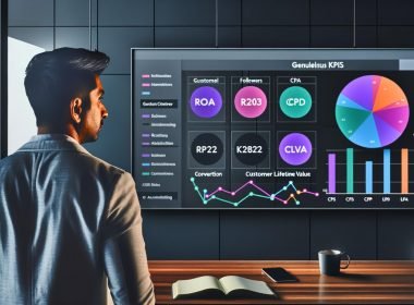 Marketer analysiert modernes Dashboard mit verschiedenenfarbigen Diagrammen und Business-KPIs wie ROAS, CPA, CLV und Conversion Rate auf großem Bildschirm in minimalistischem, dunklem Büro.