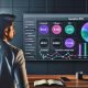 Marketer analysiert modernes Dashboard mit verschiedenenfarbigen Diagrammen und Business-KPIs wie ROAS, CPA, CLV und Conversion Rate auf großem Bildschirm in minimalistischem, dunklem Büro.