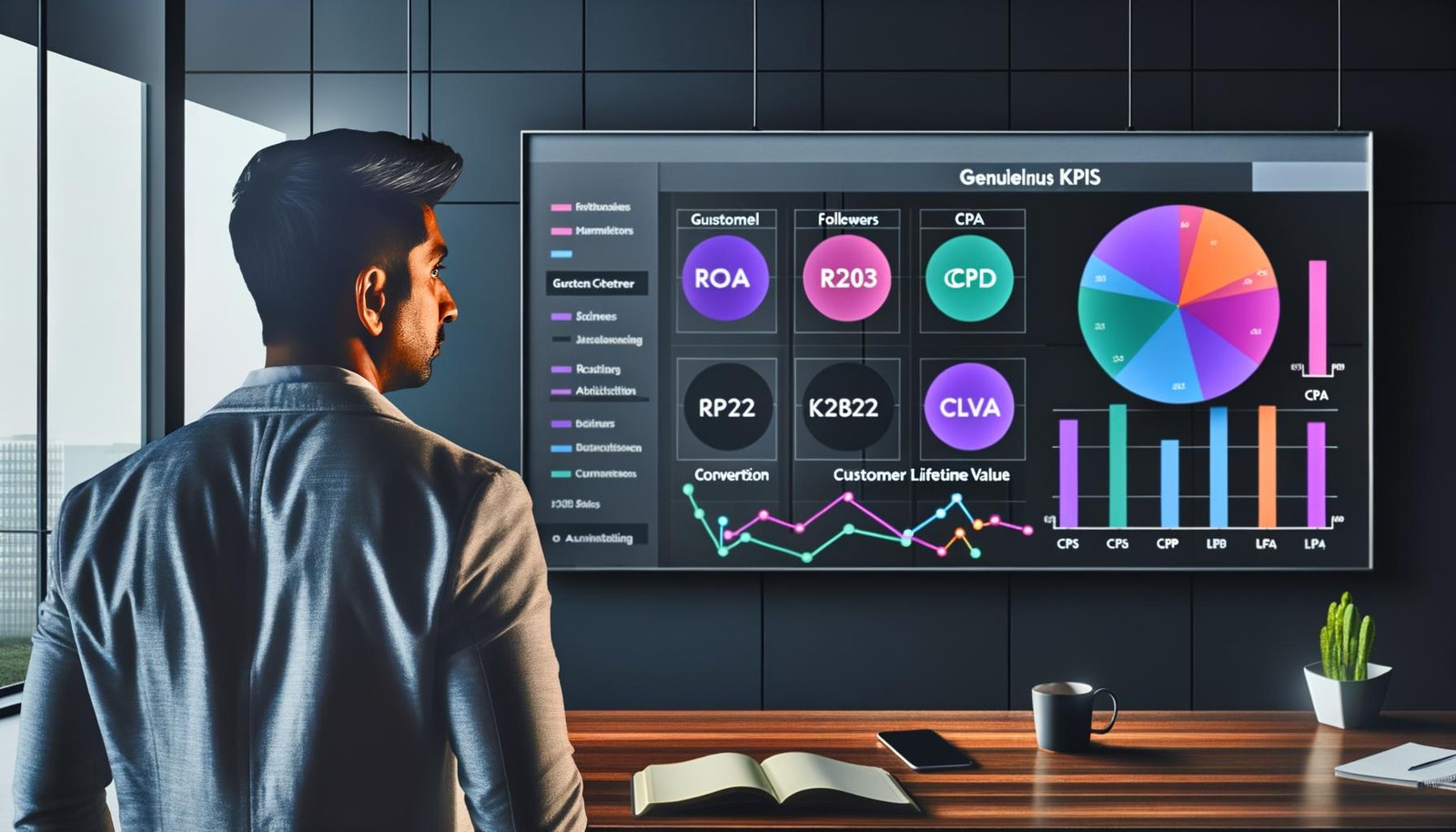 Marketer analysiert modernes Dashboard mit verschiedenenfarbigen Diagrammen und Business-KPIs wie ROAS, CPA, CLV und Conversion Rate auf großem Bildschirm in minimalistischem, dunklem Büro.