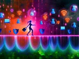 Cyberpunk-Dschungelbild mit Tracking-Symbolen, Privacy-Barrieren und einer Figur, die auf einer leuchtenden Linie zwischen beiden Seiten balanciert.