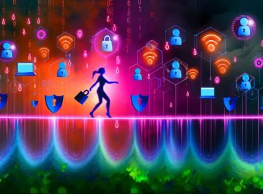 Cyberpunk-Dschungelbild mit Tracking-Symbolen, Privacy-Barrieren und einer Figur, die auf einer leuchtenden Linie zwischen beiden Seiten balanciert.