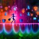 Cyberpunk-Dschungelbild mit Tracking-Symbolen, Privacy-Barrieren und einer Figur, die auf einer leuchtenden Linie zwischen beiden Seiten balanciert.