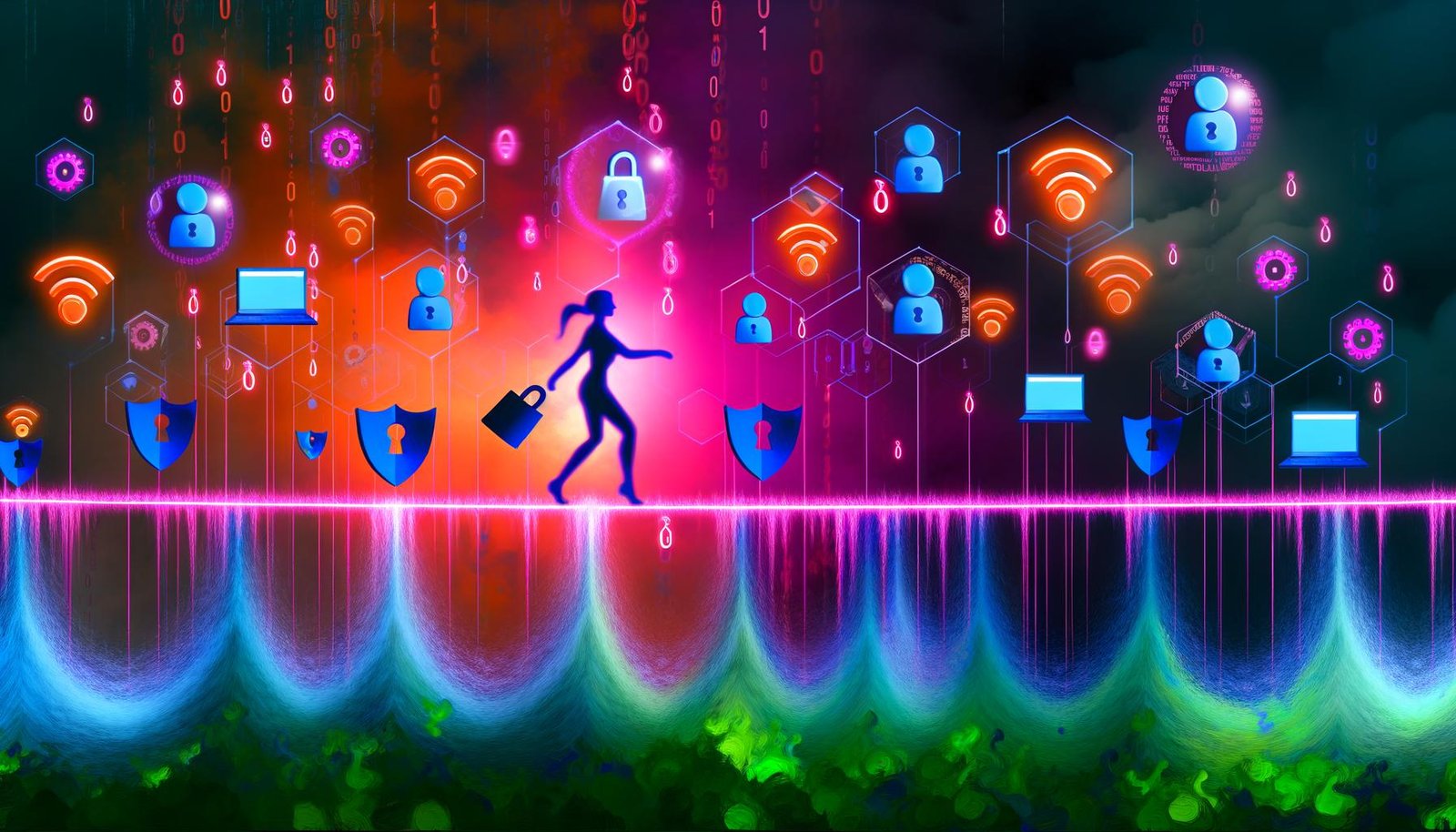 Cyberpunk-Dschungelbild mit Tracking-Symbolen, Privacy-Barrieren und einer Figur, die auf einer leuchtenden Linie zwischen beiden Seiten balanciert.