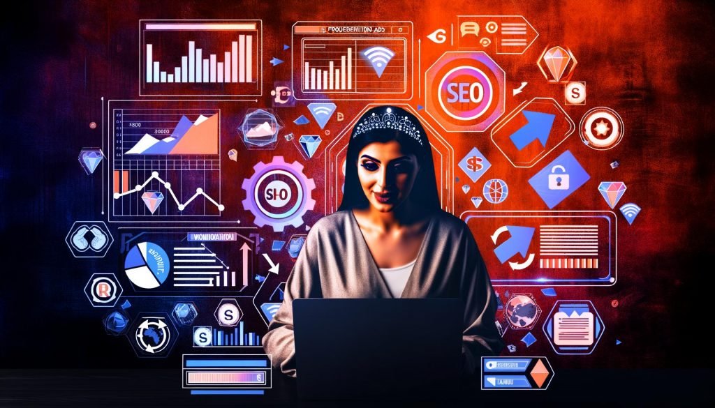 Ein Blogger sitzt an einem modernen Schreibtisch und arbeitet fokussiert am Laptop, während Analyse-Dashboards, digitale Marketing-Symbole und Monetarisierungs-Tools um ihn herum schweben.