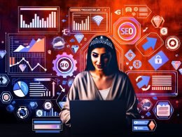 Ein Blogger sitzt an einem modernen Schreibtisch und arbeitet fokussiert am Laptop, während Analyse-Dashboards, digitale Marketing-Symbole und Monetarisierungs-Tools um ihn herum schweben.