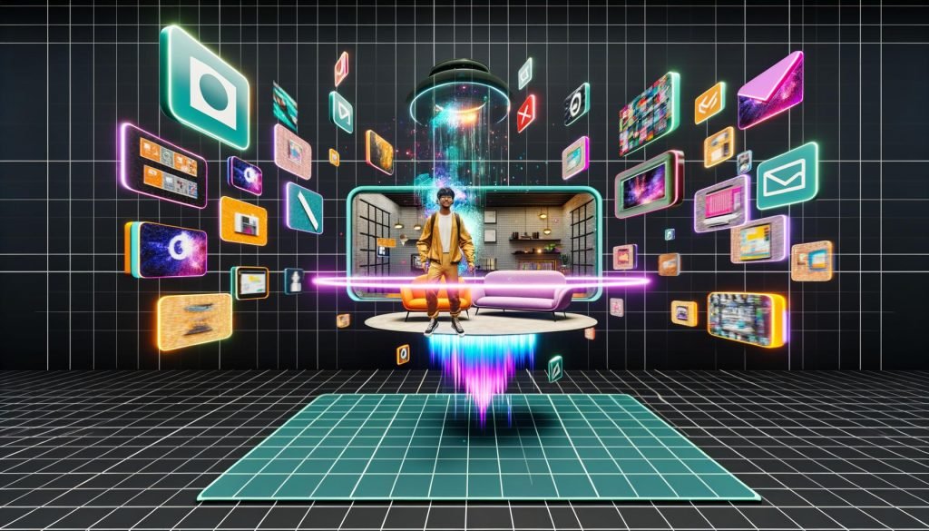 Avatar in urbaner Kleidung in einer futuristischen 3D-Umgebung mit schwebenden, interaktiven Werbeflächen, rotierendem Sofa, animierten Grafiken und Neonlicht.