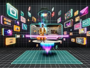 Avatar in urbaner Kleidung in einer futuristischen 3D-Umgebung mit schwebenden, interaktiven Werbeflächen, rotierendem Sofa, animierten Grafiken und Neonlicht.