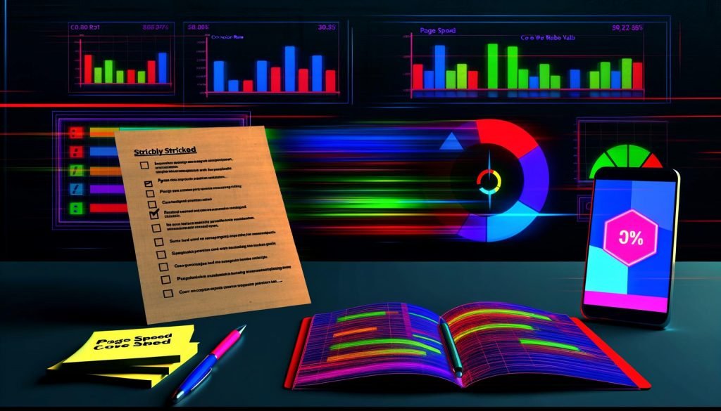 Ultramoderner Schreibtisch mit ausgedruckter Checkliste, geöffnetem Notebook mit buntem Analytics-Dashboard, Smartphone mit Ladeanimation und Post-its zu Page Speed, Conversion Rate und Core Web Vitals vor leuchtenden Diagrammen.