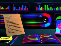 Ultramoderner Schreibtisch mit ausgedruckter Checkliste, geöffnetem Notebook mit buntem Analytics-Dashboard, Smartphone mit Ladeanimation und Post-its zu Page Speed, Conversion Rate und Core Web Vitals vor leuchtenden Diagrammen.