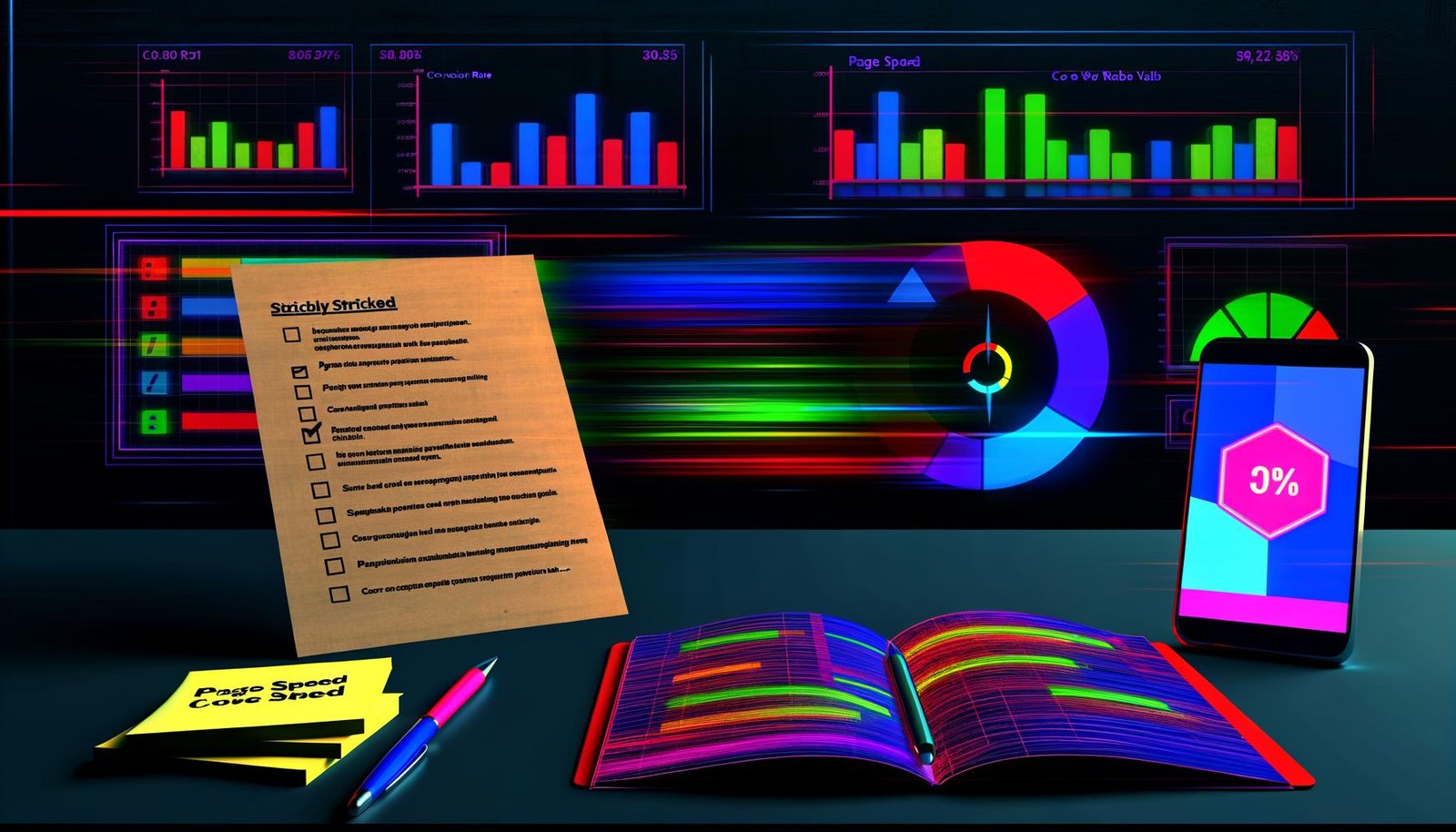 Ultramoderner Schreibtisch mit ausgedruckter Checkliste, geöffnetem Notebook mit buntem Analytics-Dashboard, Smartphone mit Ladeanimation und Post-its zu Page Speed, Conversion Rate und Core Web Vitals vor leuchtenden Diagrammen.