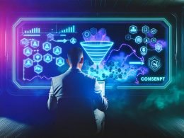 Marketer betrachtet modernes Dashboard mit komplexen Diagrammen und Datenströmen in dunklem Cockpit, umgeben von Neon-Lichtern, digitalen Störungen und Icons für Datenschutz und Tracking-Sicherheit.