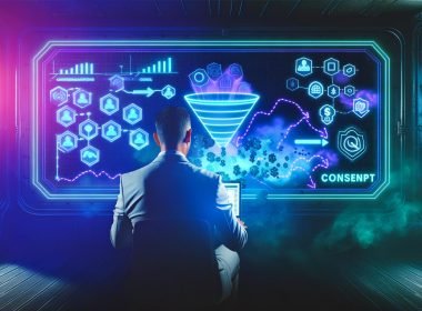 Marketer betrachtet modernes Dashboard mit komplexen Diagrammen und Datenströmen in dunklem Cockpit, umgeben von Neon-Lichtern, digitalen Störungen und Icons für Datenschutz und Tracking-Sicherheit.