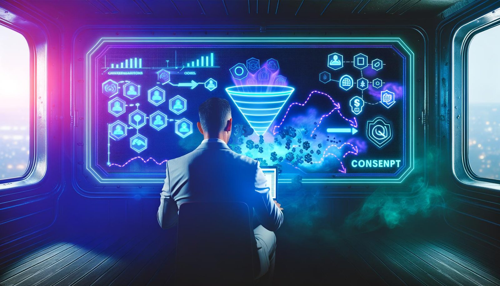 Marketer betrachtet modernes Dashboard mit komplexen Diagrammen und Datenströmen in dunklem Cockpit, umgeben von Neon-Lichtern, digitalen Störungen und Icons für Datenschutz und Tracking-Sicherheit.