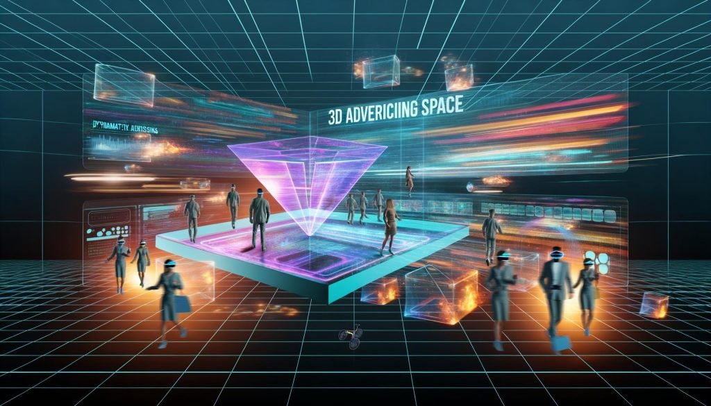 Futuristische 3D-Werbeplattform mit leuchtenden Anzeigenflächen, durch Besucher mit AR- und VR-Brillen in einer digitalen Umgebung erkundet