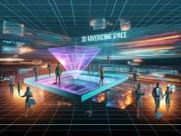 Futuristische 3D-Werbeplattform mit leuchtenden Anzeigenflächen, durch Besucher mit AR- und VR-Brillen in einer digitalen Umgebung erkundet
