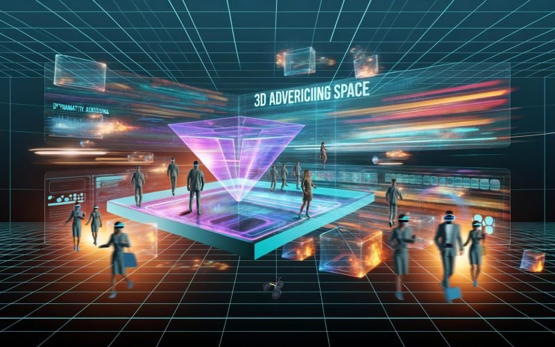 Futuristische 3D-Werbeplattform mit leuchtenden Anzeigenflächen, durch Besucher mit AR- und VR-Brillen in einer digitalen Umgebung erkundet