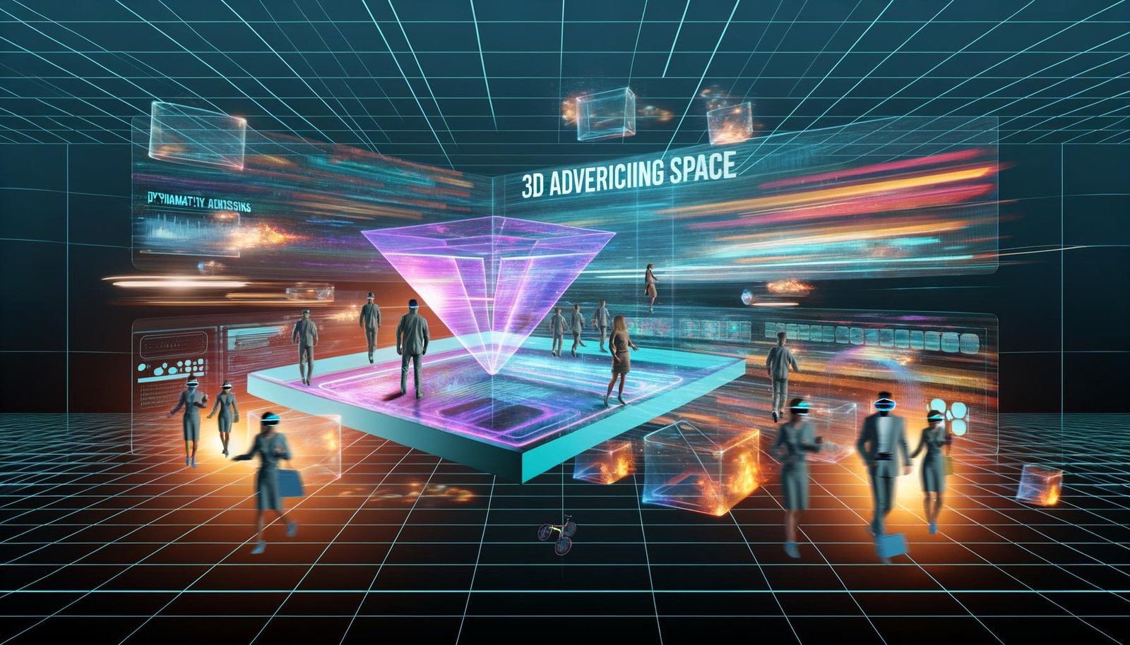 Futuristische 3D-Werbeplattform mit leuchtenden Anzeigenflächen, durch Besucher mit AR- und VR-Brillen in einer digitalen Umgebung erkundet