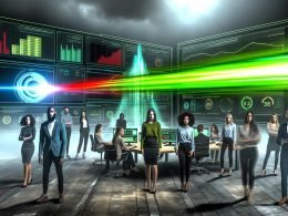 Marketers im modernen Büro vor leuchtenden Dashboards, grüner Datenstrahl durch Nebel, ernste Stimmung und KPIs in Warnrot.