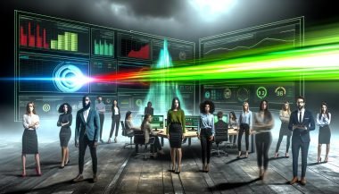 Marketers im modernen Büro vor leuchtenden Dashboards, grüner Datenstrahl durch Nebel, ernste Stimmung und KPIs in Warnrot.