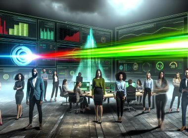 Marketers im modernen Büro vor leuchtenden Dashboards, grüner Datenstrahl durch Nebel, ernste Stimmung und KPIs in Warnrot.