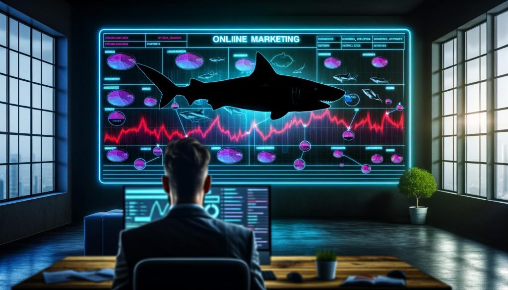 Fokussierte Online-Marketing-Managerin im modernen Neon-Büro blickt auf Dashboard mit KPIs, während stilisierte Haifische im Hintergrund schweben.