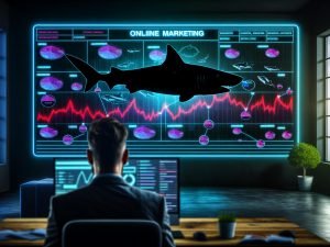 Fokussierte Online-Marketing-Managerin im modernen Neon-Büro blickt auf Dashboard mit KPIs, während stilisierte Haifische im Hintergrund schweben.