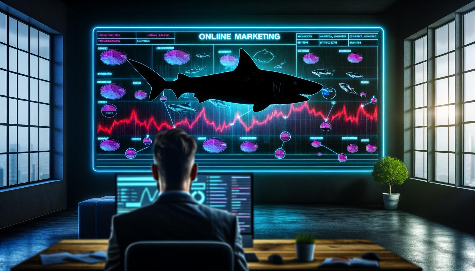 Fokussierte Online-Marketing-Managerin im modernen Neon-Büro blickt auf Dashboard mit KPIs, während stilisierte Haifische im Hintergrund schweben.