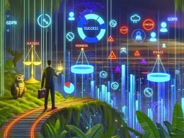 Marketer im neonbeleuchteten Digital-Dschungel, umgeben von Datenvisualisierungen, Datenschutzsymbolen und einer Waage mit Erfolg und Ethik.