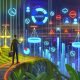 Marketer im neonbeleuchteten Digital-Dschungel, umgeben von Datenvisualisierungen, Datenschutzsymbolen und einer Waage mit Erfolg und Ethik.