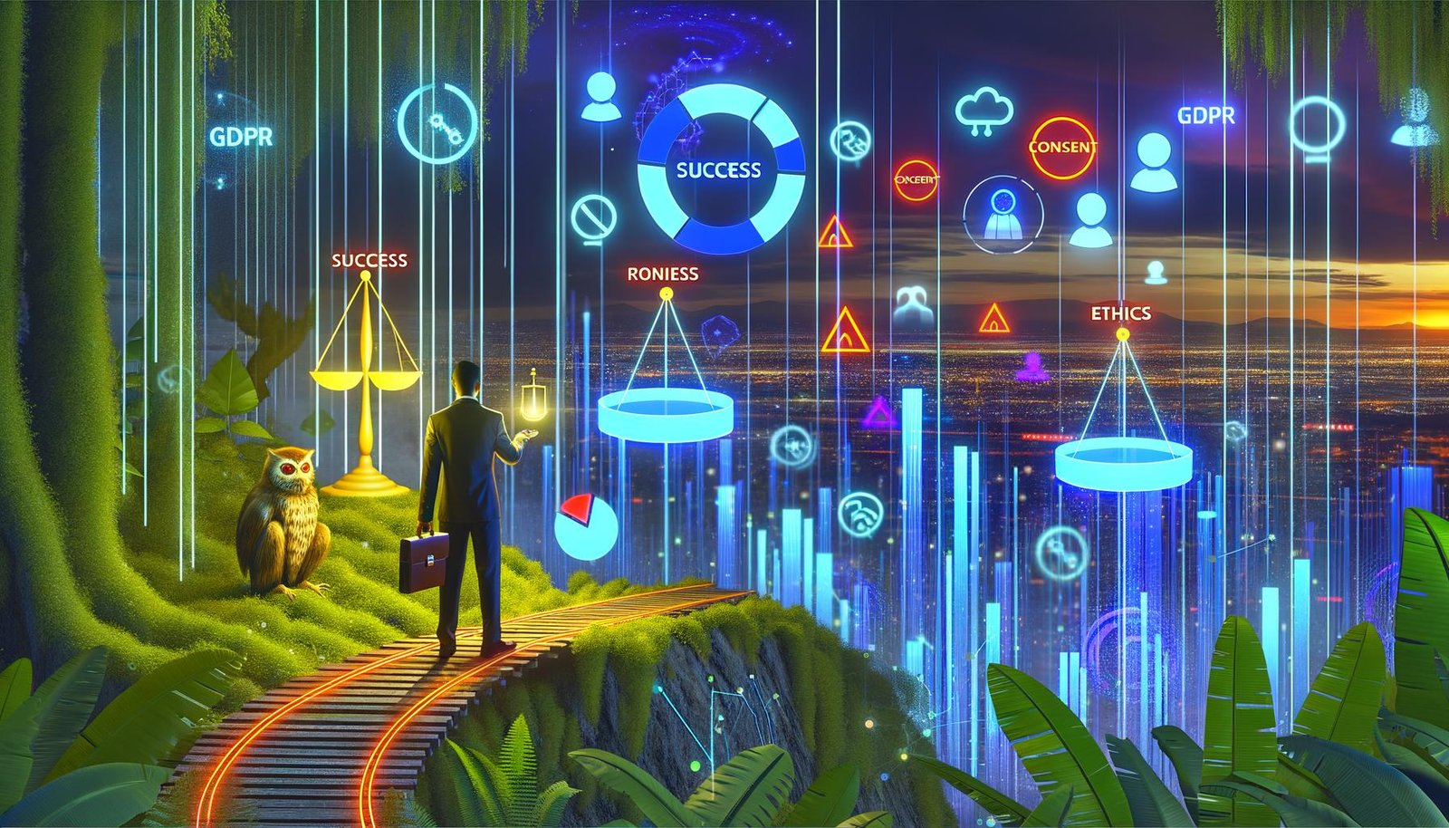Marketer im neonbeleuchteten Digital-Dschungel, umgeben von Datenvisualisierungen, Datenschutzsymbolen und einer Waage mit Erfolg und Ethik.
