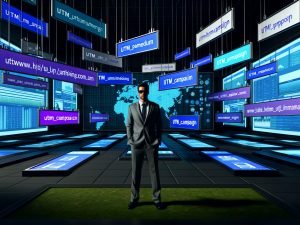 Marketing-Profi im High-Tech-Kontrollraum mit digitalen Dashboards, UTM-Parametern und Kampagnenanalytik, umgeben von modernen Grafiken und unscharfen, verwirrten Marketers im Hintergrund.