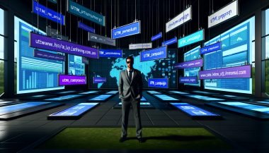 Marketing-Profi im High-Tech-Kontrollraum mit digitalen Dashboards, UTM-Parametern und Kampagnenanalytik, umgeben von modernen Grafiken und unscharfen, verwirrten Marketers im Hintergrund.
