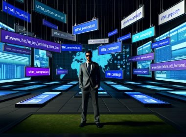 Marketing-Profi im High-Tech-Kontrollraum mit digitalen Dashboards, UTM-Parametern und Kampagnenanalytik, umgeben von modernen Grafiken und unscharfen, verwirrten Marketers im Hintergrund.