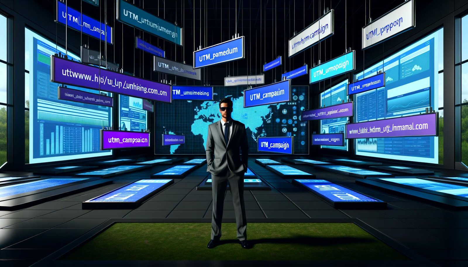 Marketing-Profi im High-Tech-Kontrollraum mit digitalen Dashboards, UTM-Parametern und Kampagnenanalytik, umgeben von modernen Grafiken und unscharfen, verwirrten Marketers im Hintergrund.