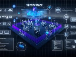 Virtueller XR-Arbeitsplatz mit holografischen Werbebannern, Nutzern in VR/AR-Headsets und technischer Benutzeroberfläche in modernen Blau- und Lilatönen.