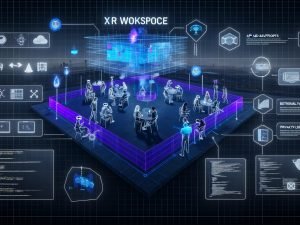 Virtueller XR-Arbeitsplatz mit holografischen Werbebannern, Nutzern in VR/AR-Headsets und technischer Benutzeroberfläche in modernen Blau- und Lilatönen.
