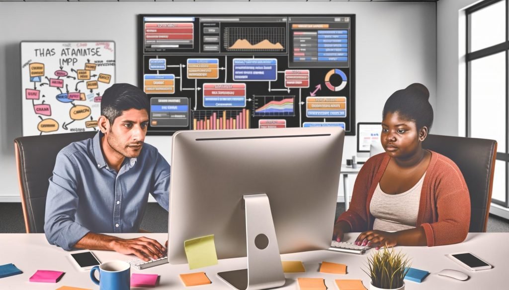 Zwei Marketing-Profis blicken konzentriert auf einen chaotischen Analytics-Bildschirm voller bunter, sich überschneidender UTM-Daten, umgeben von Notizzetteln, Kaffeetassen und Whiteboard-Notizen.