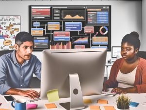 Zwei Marketing-Profis blicken konzentriert auf einen chaotischen Analytics-Bildschirm voller bunter, sich überschneidender UTM-Daten, umgeben von Notizzetteln, Kaffeetassen und Whiteboard-Notizen.